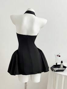 Elamini Vestido de linterna con pliegues, decoración de lazo y escote en V profundo, estilo retro dulce y picante para mujer - Negro - Ver 2