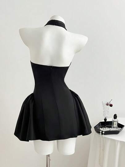 Elamini Women's Retro Sweet & Spicy Ruched Deep V Bowknot Decor Ruched Lantern Dress, Black Dress ,Elegant Dress