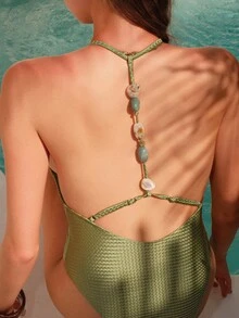 SHEIN Swim Olive Green,Summer,Tropical,Beach,Vacation,Holiday 2-Piece Set: Knit Jacquard Wireless Cami Backless Halter Top Beaded Swimsuit & Printed Mesh Skirt - Green - View 1