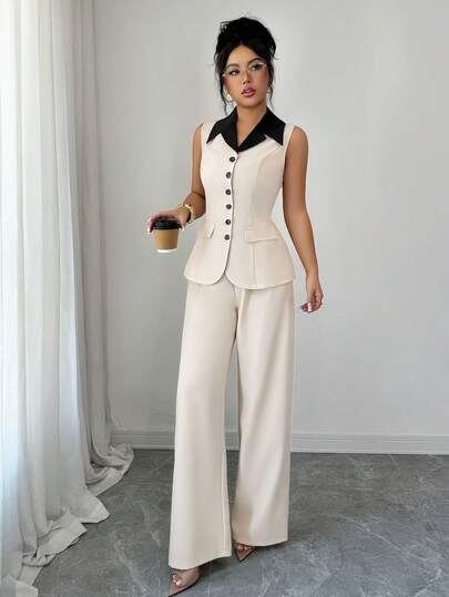 Elenzga Costum elegant pentru femei, cu pantaloni, stil A-Line, cu guler fără mâneci, talie contrastantă, potrivit pentru purtare zilnică, naveta la birou și ocazii multiple, primăvară/vară