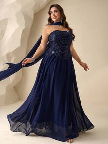 Coutiva Đầm dạ hội sang trọng đính sequin lấp lánh, cao cấp dành cho tiệc chiêu đãi và các buổi liên hoan. - Màu xanh hải quân - Xem 4