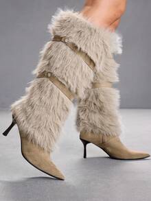 CUCCOO SZL Women's Pointed Toe Faux Fur Patchwork Knee-High Heeled Boots Valentine's Day - Khaki - View 7