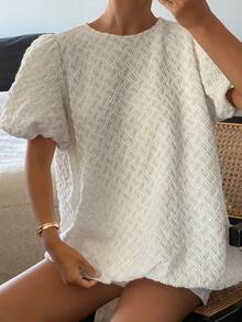 Livesso Women's Lace Puff Sleeve Loose Comfortable Blouse - White - View 4