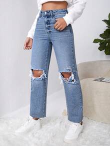 SHEIN EZwear 女士纯色休闲破洞牛仔裤 - 藍色 - 查看 6