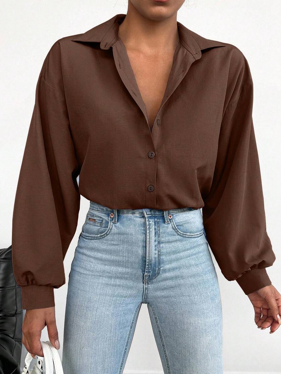 EURMUSE Women's Solid Color Front Button Elegant Office Long Sleeve Shirt - Brown - View 1