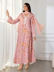 Al Najma Women's Elegant Floral Print Lace V-Neck Loose Long Arabic Dress - Pink - View 4