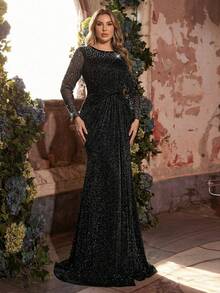 Glamrae Plus Size Elegant Romantic Long Sleeve Sheer Luxury Crystal & Pearl Embellished Neckline, Waist Twist Detail, High Slit Mermaid Hem With Train, Formal Evening Gown (Heavily Embellished Design) - Black - View 6
