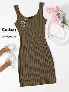 SHEIN Essnce 女士简约纯色罗纹针织吊带连衣裙，夏季 - 軍綠色 - 查看 4