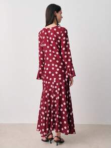 Nöista Polka Dot Long-Sleeve Dress Polka, Flared Cuffs And A Flowing Hem. Semi-Formal Occasions, Night, Weeding Dress, Easter, Spring, Summer. - Burgundy - View 2