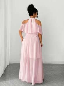 Elenzga Pink Woven Fabric Halter Neck Cold Shoulder Flared Long Dress With Zipper Details - Pink - View 2