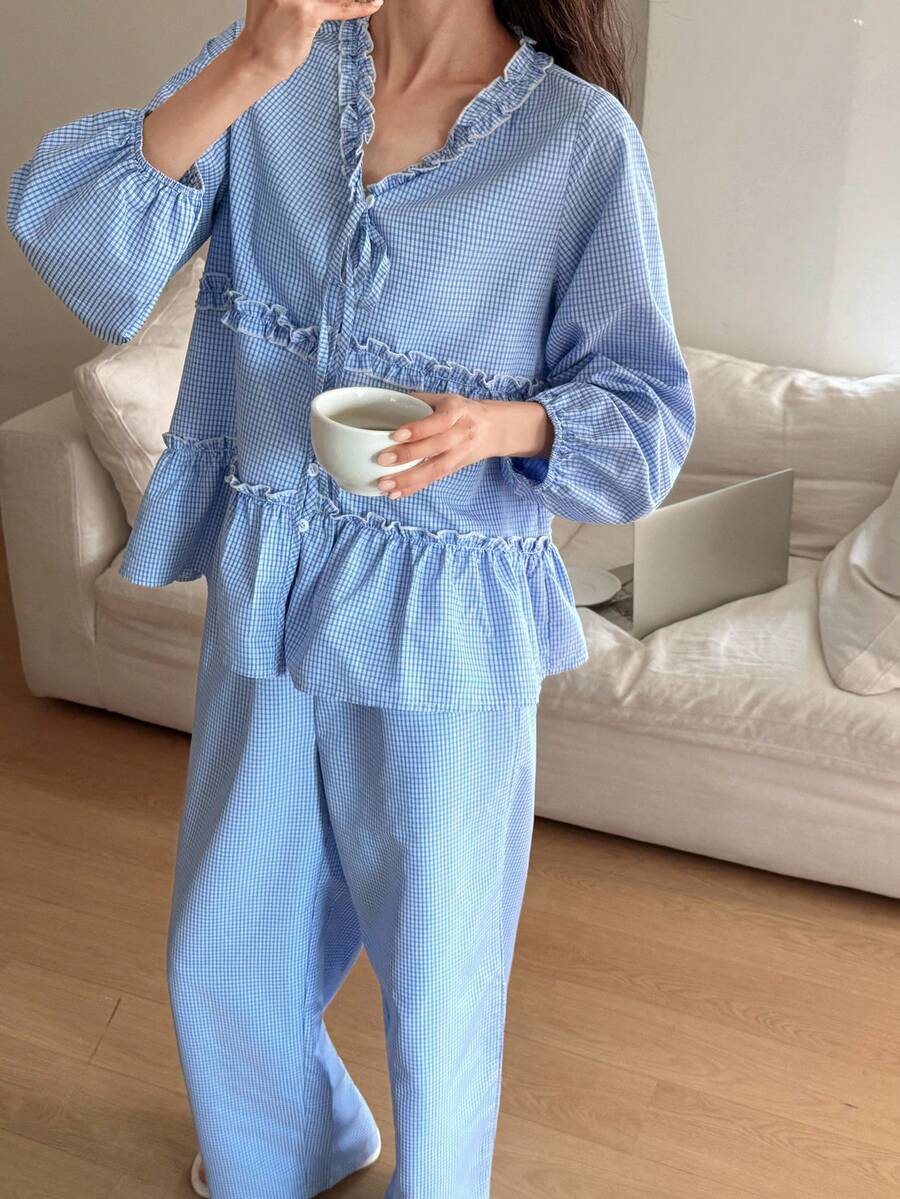 DAZY 格子荷叶边灯笼袖宽松女士睡衣套装 - 藍色 - 查看 1