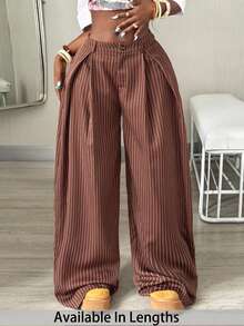 SHEIN Tall CURVE 大码休闲条纹阔腿裤，适合日常生活、通勤、上学、教师、会议、外出、休闲等场合，条纹宽松裤，女士休闲装 - 紅木色 - 查看 1