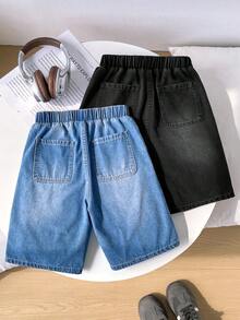 SHEIN Little Byeori Tween Jungen Mode Homecoming Streetwear Mix und Match vielseitiges Design Y2K Vintage Cool Straße 2 Stücke Set Y2K Patch Details und Kordelzug elastischer Bund Design bequem weich blaue schwarze Denim lose gerade Bein Denim Jungen Shorts für Kinderkleidung Jungen weiche Alltagskleidung und Kinder Sommer- und Frühlingskleidung, Schule, Campus, College - Verschiedenfarbig - Übersicht 3