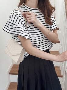 FRIFUL Áo thun nữ dáng suông kẻ sọc, viền bèo, thích hợp cho mùa hè. - màu đen - Xem 1