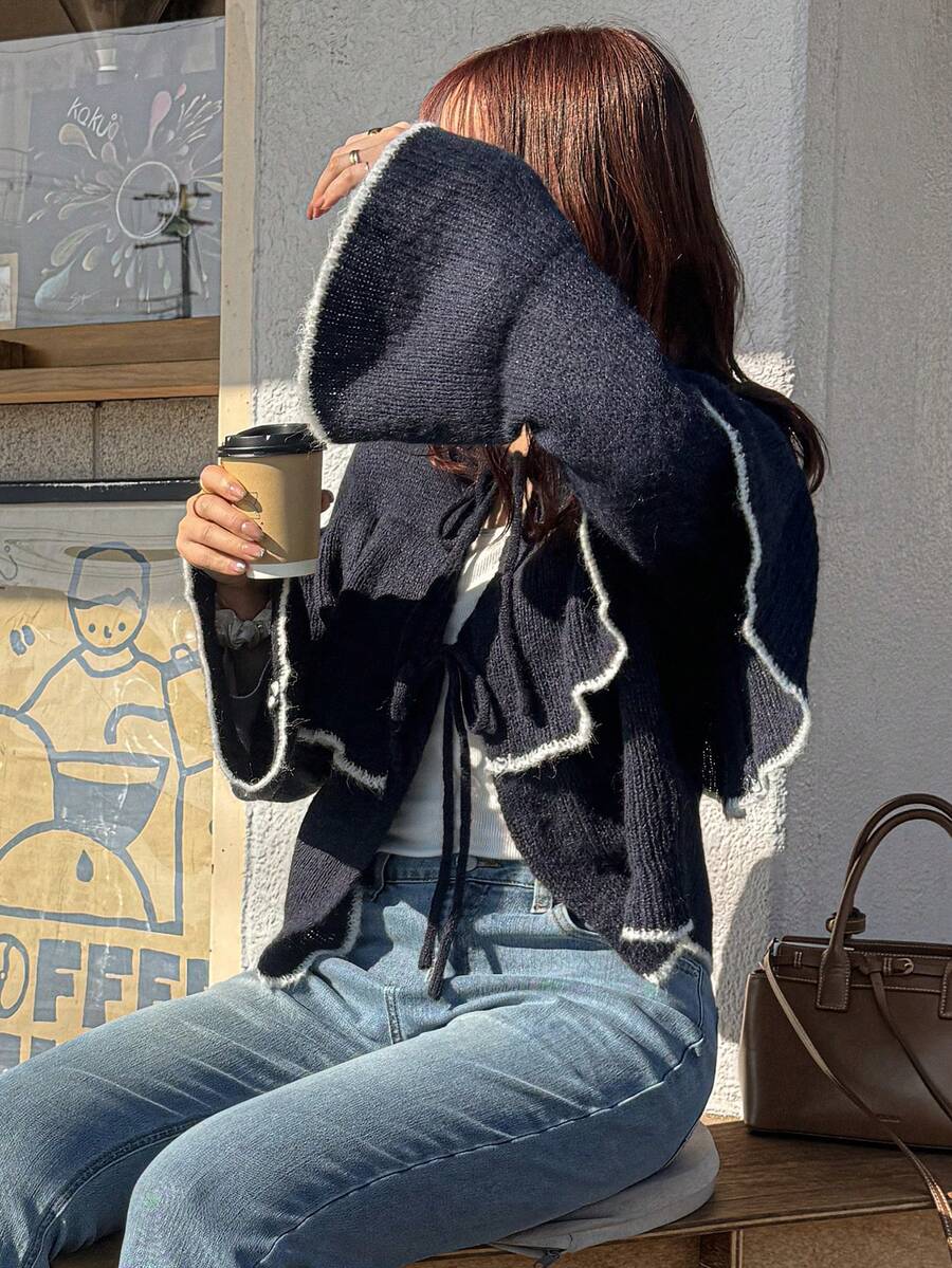 FRIFUL 女士撞色系带荷叶边宽松休闲百搭春季开衫 - 寶藍色 - 查看 1