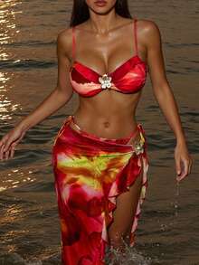 Swim SXY Women's 3pcs/Set Red Floral Print Halter Bikini Top & Leaf Slit Skirt Swimwear, Summer Casual Beach Vacation Holiday Outfit,Boho Western Outfits - Multicolor - View 6