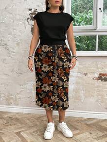 EMERY ROSE Casual Solid Color T-Shirt & Floral/Leaf Print A-Line Skirt 2-Piece Set, Plus Size,Vacation/Summer/Spring - Multicolor - View 3