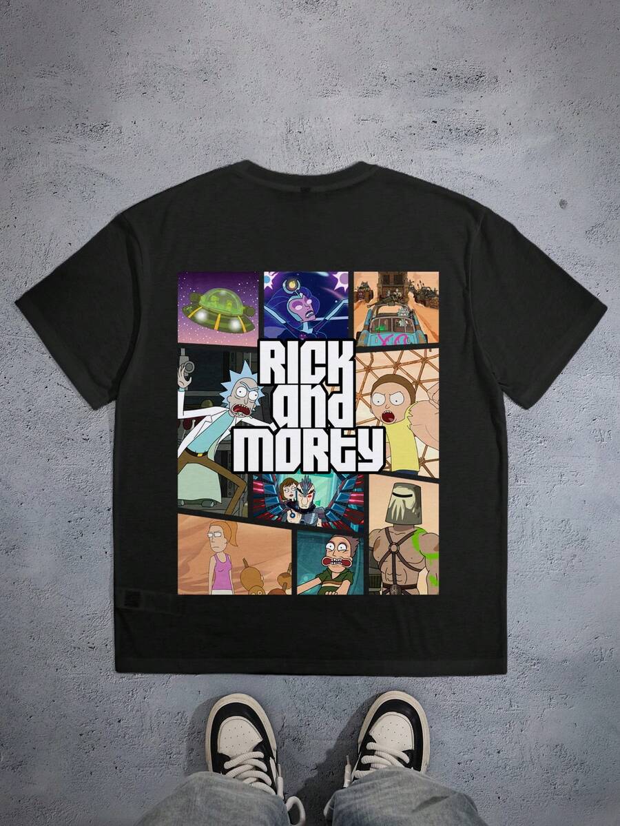 Rick and Morty X SHEIN 男士字母卡通图案圆领短袖T恤 - 白色 - 查看 1