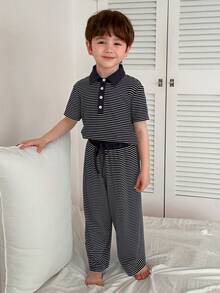 DAZY 男童条纹印花短袖上衣和裤子睡衣套装 - 藏蓝色 - 查看 4