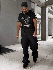 Heavens Edit 男士时尚赛车风格英式印花休闲 T 恤，图案 T 恤 - 黑色 - 查看 4