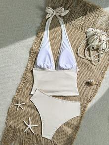 Swim Chiccia 2pcs Elegant Solid Color Ribbed Halter Neck Swimwear Top And High Waist Bikini Bottom Set - Multicolor - View 7