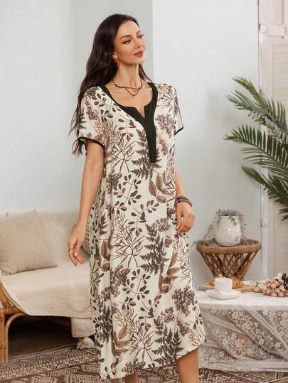 Serenescape Women's Casual V-Neck Colorblock Patchwork Short Sleeve Mid-Length Nightgown