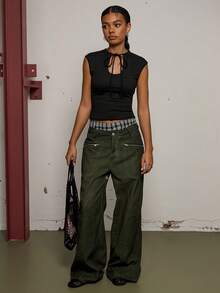 COUREZ 短袖前开衩针织上衣 / Y2K 春季女装 可爱性感黑色上衣 外出派对上衣 锐舞上衣 夏季穿搭 夏季女装 - 黑色 - 查看 1