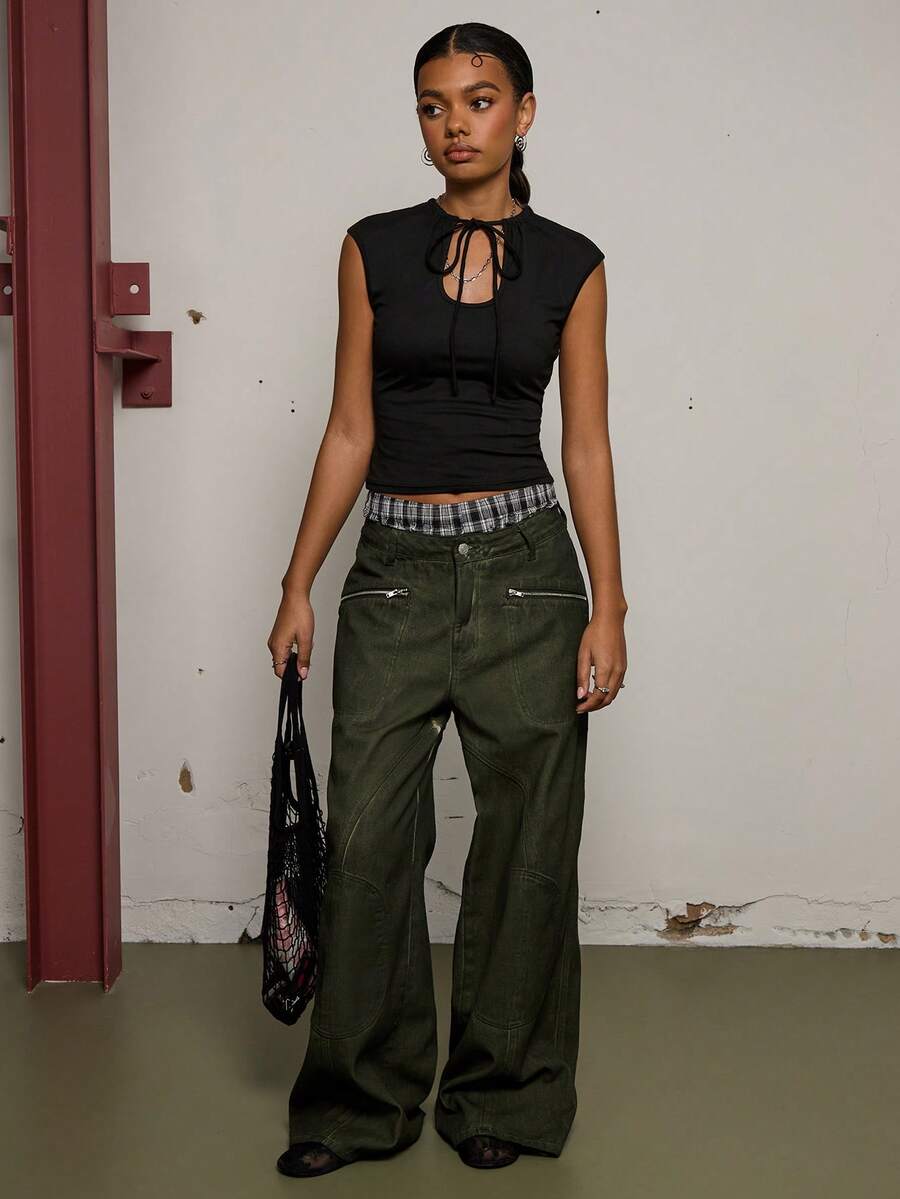 COUREZ 短袖前开衩针织上衣 / Y2K 春季女装 可爱性感黑色上衣 外出派对上衣 锐舞上衣 夏季穿搭 夏季女装 - 黑色 - 查看 1