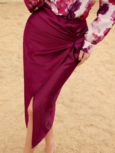 Modelyn 女士复古法式开衩优雅红色半身裙