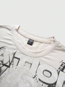 ROMWE MEN Street Life 男士休闲字母印花短袖T恤，夏季 - 杏色 - 查看 6