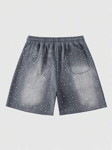 ROMWE MEN Street Life Pantalones cortos con cordón en la cintura, bolsillos y estampado de rhinestones para hombres - Gris - Ver 3
