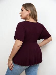 SHEIN Privé Plus Size Deep V-Neck Ribbed Knit A-Line Waist T-Shirt, Summer Tops Plus Size Tops - Rose Red - View 2