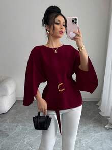 Selianne Women's French Style Round Neck Batwing Sleeve Waist Tie Shiny Red Blouse, Spring/Summer - Burgundy - View 4