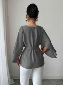 Selianne Women's French Style Round Neck Batwing Sleeve Waist Tie Shiny Red Blouse, Spring/Summer - Grey - View 2