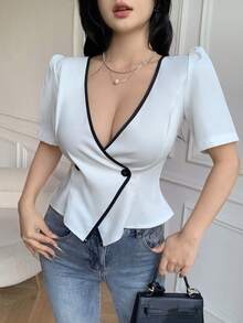 Celisse Women's Ruffle Trim Deep V-Neck Double Breasted Puff Sleeve Fashionable Blouse - White - View 6