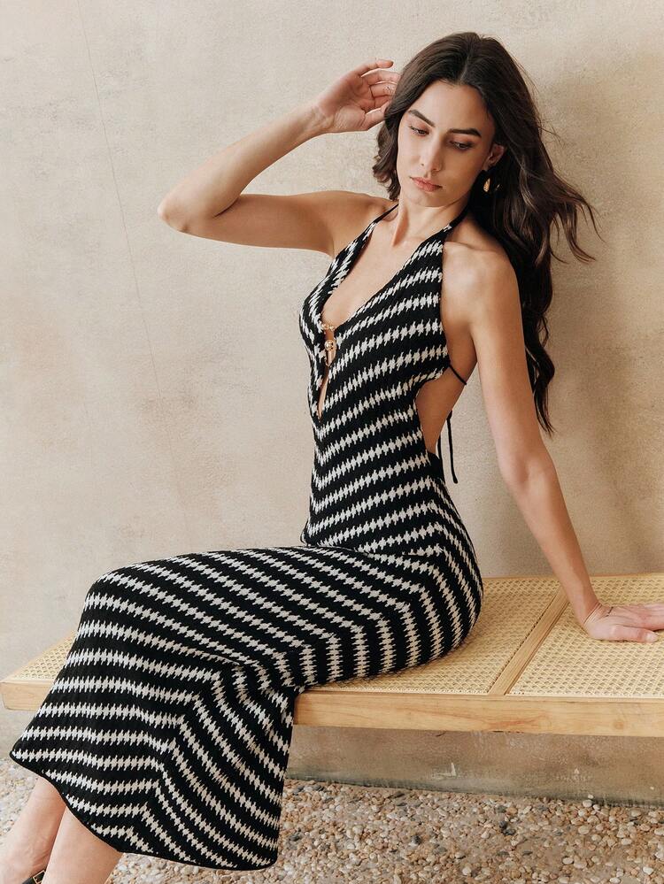 Women's Sleeveless Striped Midi Dress With Halter, Beach Cover-Up, Spring/Summer Deep V Dress Zebra Dress Swim Swimsuit Dress