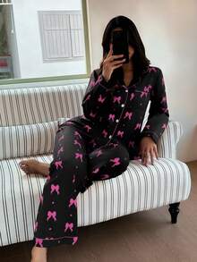 Women's New Bow Print Casual Long Sleeve Pajama Set - Black - View 4