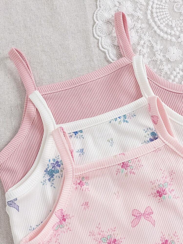 SHEIN 6pcs Baby Girls Pink, Blue, White Solid Color Small Floral Sleeveless Suspender Top + Elastic Waist Shorts Casual, Cute, Comfortable And Simple Suit, Suitable For Daily In Summer Or Travel, Vacation, Small Fresh Picnic Park And Other Occasions To Wear - Multicolor - View 5
