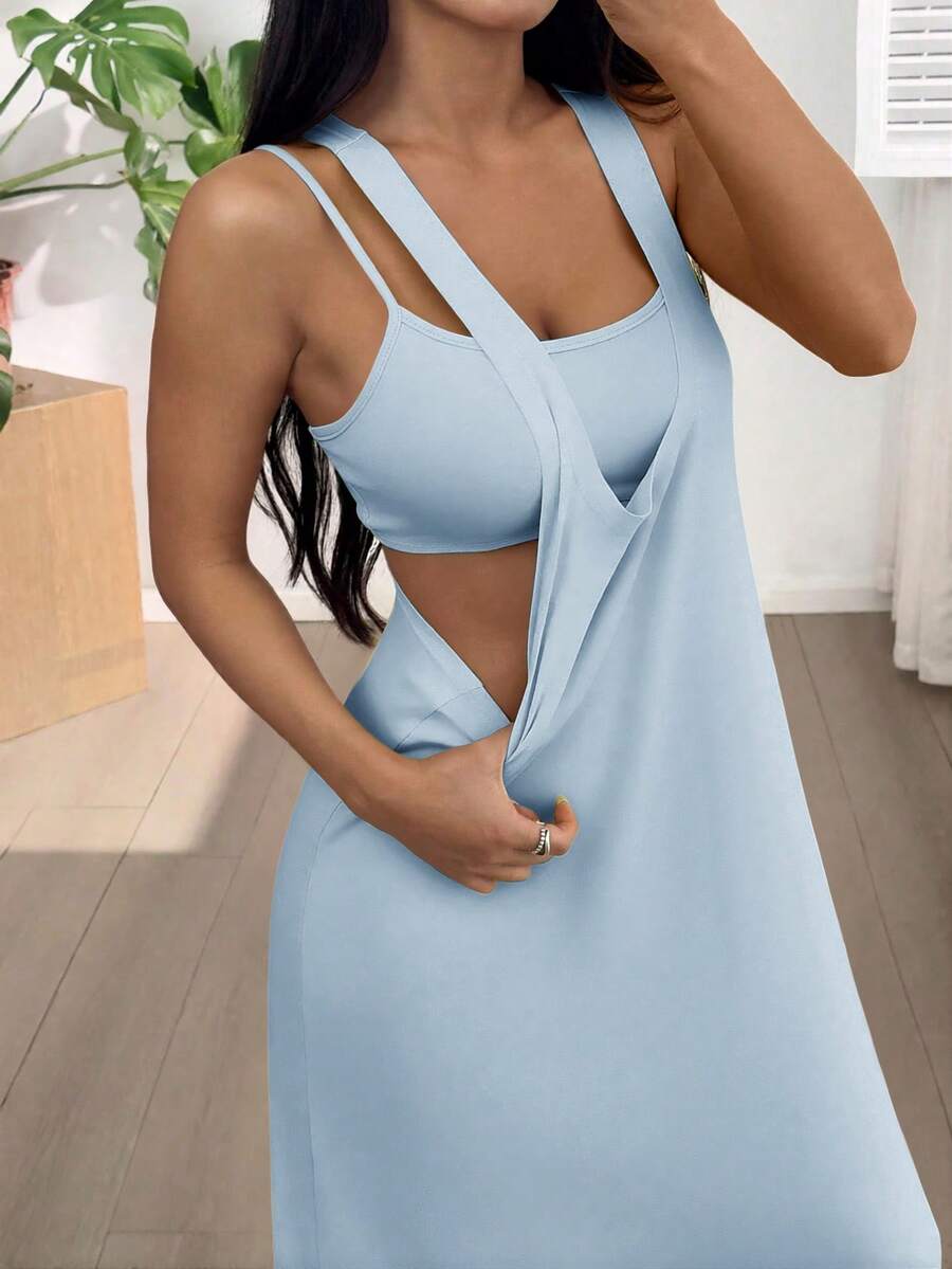 SHEIN EZwear 女士纯色简约设计休闲长裙,夏季 - 藍色 - 查看 1