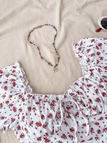 SHEIN 少女碎花泡泡袖荷叶边休闲连体裤 - 紅白色 - 查看 3