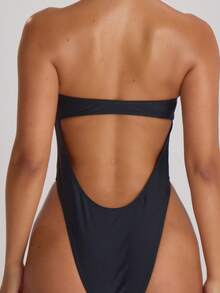 Musera Resort Maillot de bain bandeau à jambes hautes avec découpe dans le dos. Tenues de bain pour vacances, voyages d'été et plage. Modèle basique de couleur unie pour station balnéaire - Noir - Voir 3