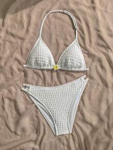 SHEIN 少女白色杏色针织纹理花卉装饰夏季沙滩系带露背吊带三角比基尼套装，夏季沙滩泳装 - 白色 - 查看 2