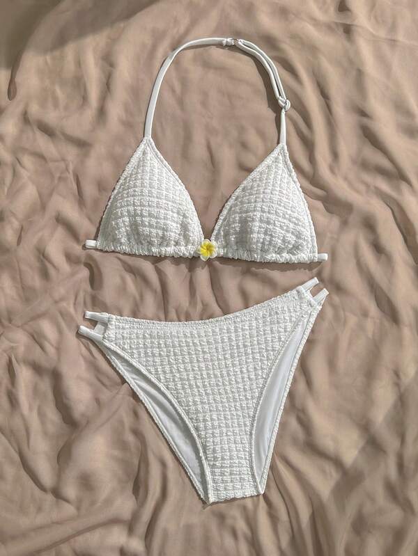 SHEIN Conjunto de Maiô Bikini Triângulo com Decote Nas Costas e Amarração, Decoração Floral Texturizada Branca e Cor de Damasco, Roupa de Praia de Verão para Adolescentes