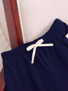 SHEIN 两件套少女撞色V领短袖衬衫和休闲裤套装 - 藏蓝色 - 查看 6