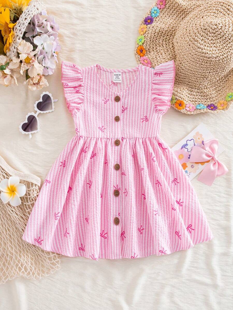 一件式可爱女宝宝优雅可爱夏季条纹蝴蝶结图案无袖连衣裙 - 粉色 - 查看 1