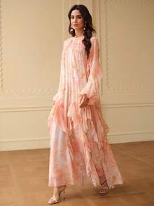 SHEIN X Scot Louie ZEYLAH Elegant Romantic Floral Print Flowy Ruffle Hem A-Line Dress, Spring/Summer - Baby Pink - View 6