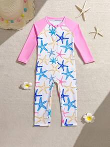 1件女婴可爱鲸鱼印花长袖连体泳衣，紫色，适合夏季和度假穿着 - 彩色 - 查看 3