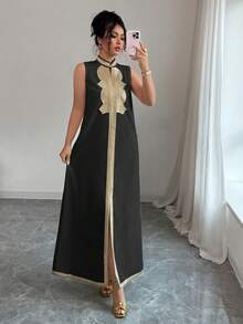 Rafferiza 中东风格女式金色镶边无袖开衩连衣裙 - 黑色 - 查看 6