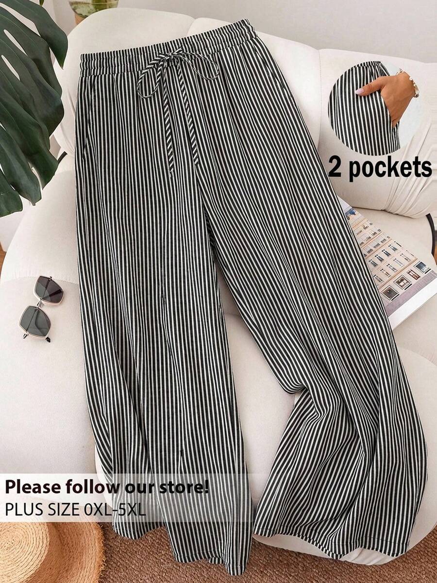 CosyJoli 大码女式春夏新款条纹沙滩短裤，适合情人节等场合，通勤时尚，条纹阔腿裤带口袋。沙滩度假/大学生度假风邮轮女式夏季宽松裤/宽松裤，大码女式休闲裤。 - 黑與白 - 查看 1
