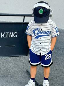 SHEIN Young Boys Summer Casual Striped Button-Front T-Shirt And Shorts Set - Blue and White - View 3